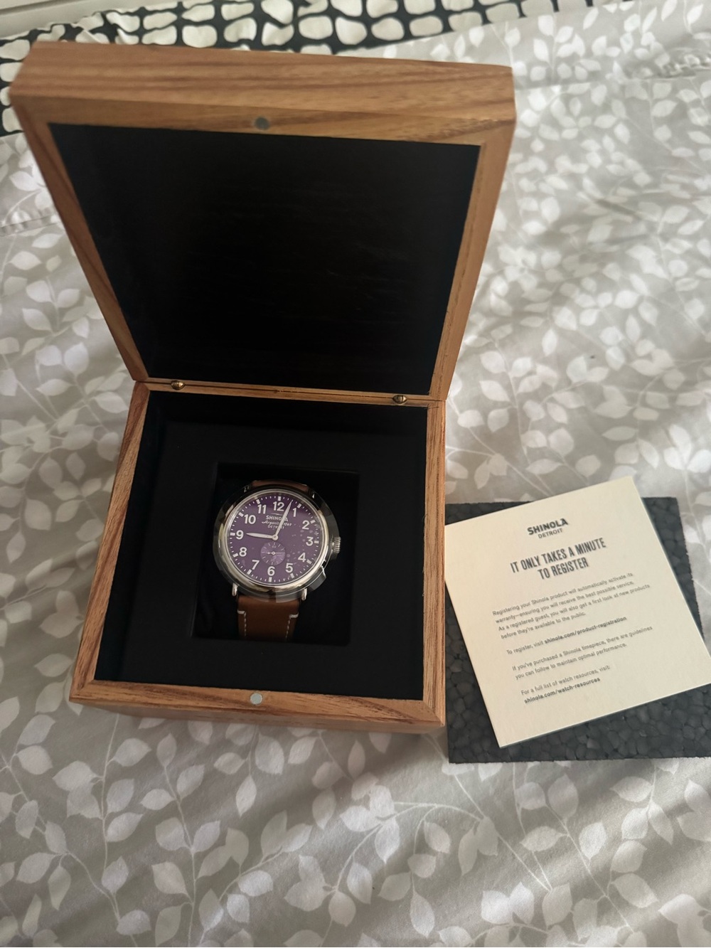 Shinola Men’s Brown Leather Strap Watch with Purple Dial and Silver Case